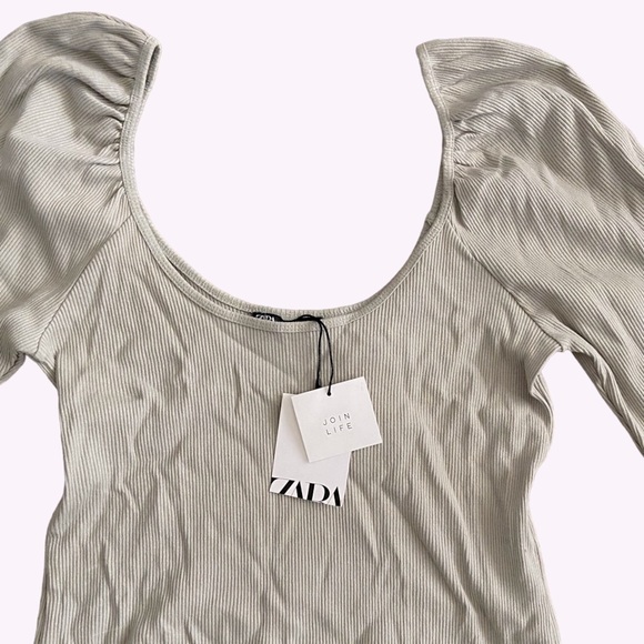 ZARA Puff Sleeve Sea Foam Green Top - Picture 2 of 4